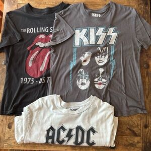 Distressed Band T-shirts - Set of 3 Ladies Size XL, KISS Stones & AC/DC